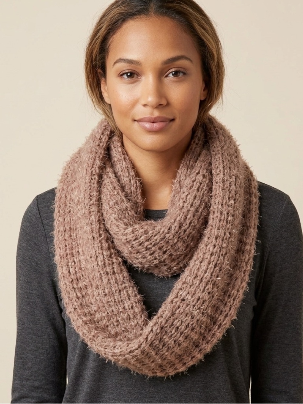 Simply Noelle Rose Pink Fuzzy Knit Infinity Scarf
